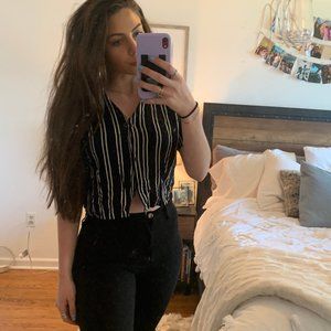 Dark Navy Blue Striped Collared  Button Up Blouse